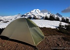 Room with a view.  New tent; I wish I had brough my snow stakes as the snow was more level than the scree.  Skyline Divide.