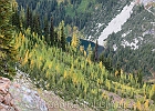 Dropping down between Rainy Lk and Lake Ann (shown), reveals plenty of larches that haven&#39;t yet turned.