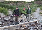 At the end of the Swiftcurrent Valley.  Yvonne says &#34;I&#39;m dressed like a ninja to intimidate bears.&#34; Sally and Jim seem unconvinced.